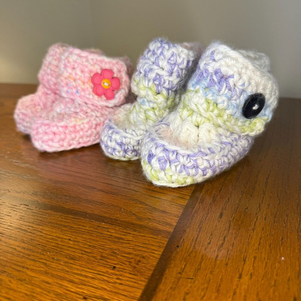 Handmade Crochet Baby Booties (2 Pairs) – Soft Yarn, Buttons & Flower Detail